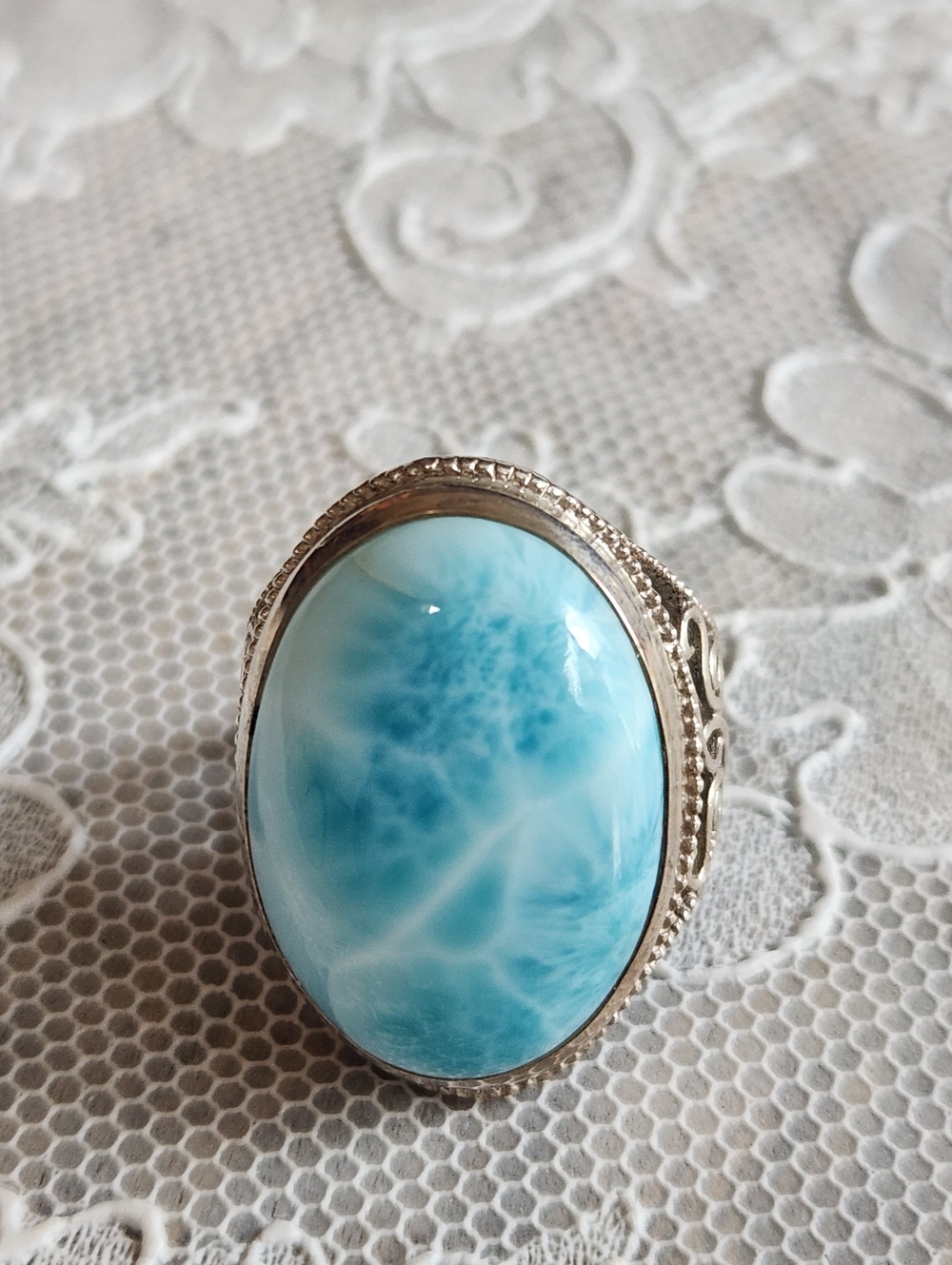 Blue Larimar Sterling Silver Large Oval Statement Ring SIZE 8 - Picture 4 of 14